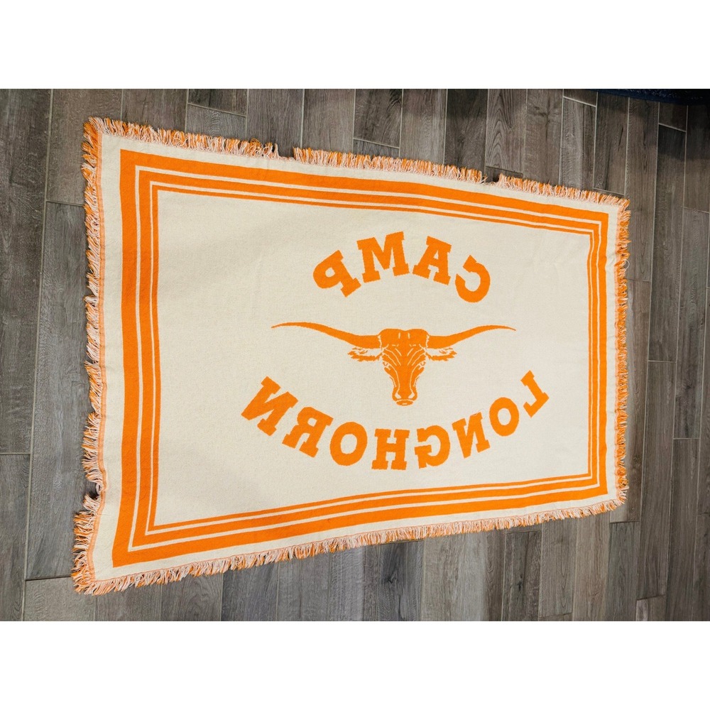 Camp Longhorn Longhorn Logo Woven Fringe Blanket Throw Orange 46x70 Texas Retro - Picture 8 of 8